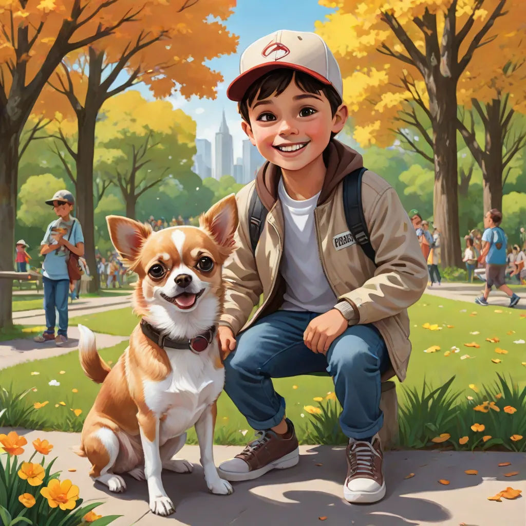 a boy and his dog are sitting on a park bench in the fall with a city in the background, Aaron Jasinski, american scene painting, a storybook illustration, comic cover art