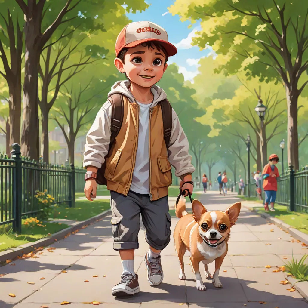 a boy walking a dog down a sidewalk in a park with a fence and trees in the background,, Alejandro Burdisio, altermodern, a storybook illustration, official art