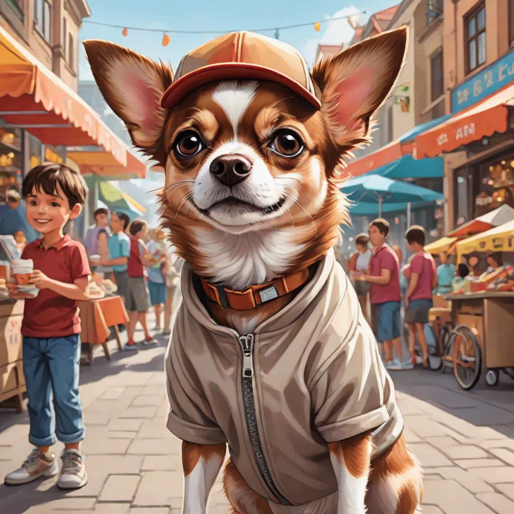 a dog wearing a baseball cap and a jacket on a city street with people in the background and a boy in a red shirt, Chris LaBrooy, furry art, a storybook illustration, highly detailed digital painting