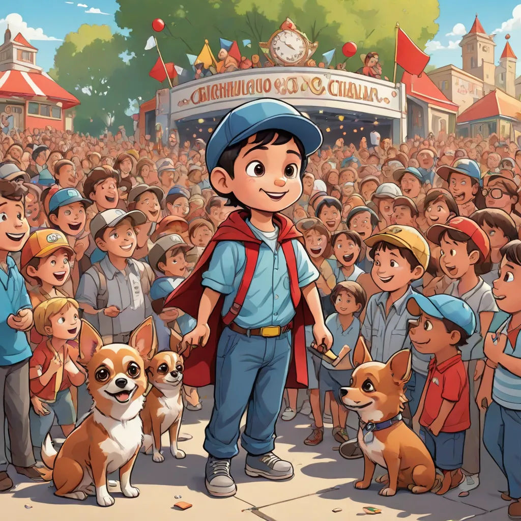 a boy standing in front of a crowd of people with a dog in front of him and a clock, Eddie Mendoza, magical realism, a storybook illustration, official art