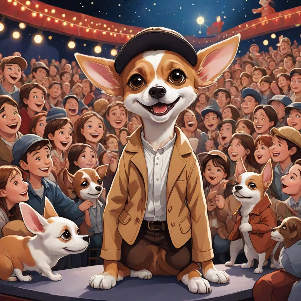 a dog is standing on a stage surrounded by people and dogs, with a crowd of people in the background, Bob Byerley, furry art, a storybook illustration, official art