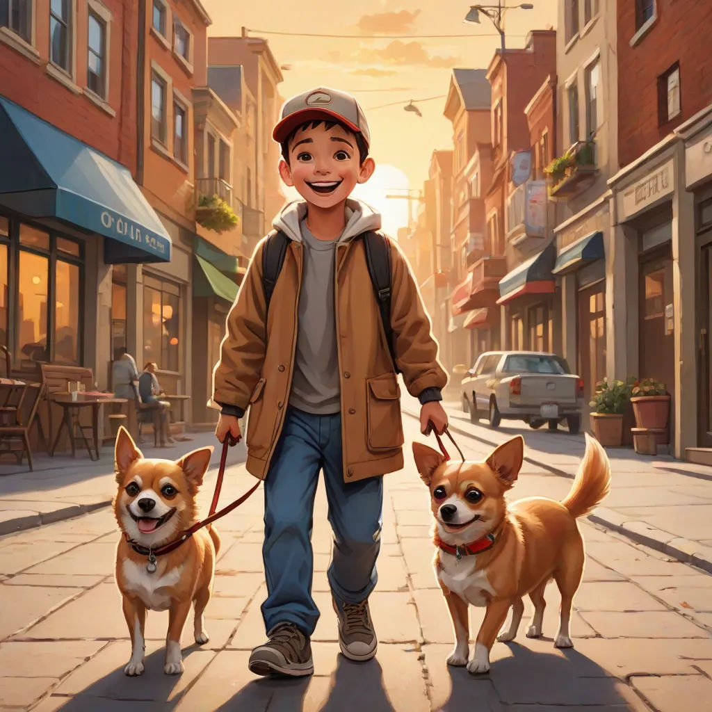 a boy walking two dogs down a street in a city at sunset or dawn, with a dog on a leash, Evgeny Lushpin, american scene painting, a storybook illustration, official art