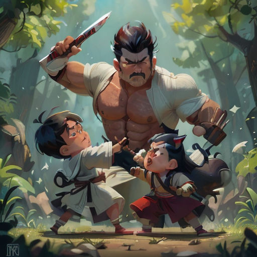 a cartoon of a man holding a sword and two children in the woods with a sword in his hand