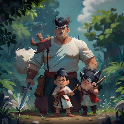 a man and two children standing in front of a forest with a sword in his hand and a sword in his other hand