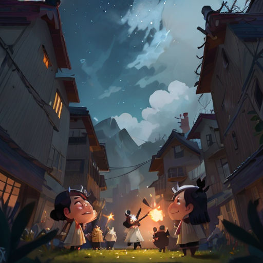 a cartoon scene of a couple of people standing in front of a fire place with a sky background and a full moon