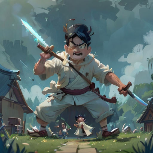 a man holding a sword in front of a village with a sky background and a man in a white shirt