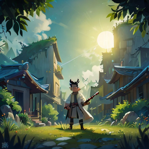 a man in a white coat holding a sword in a village with a sun in the background and a building with a roof