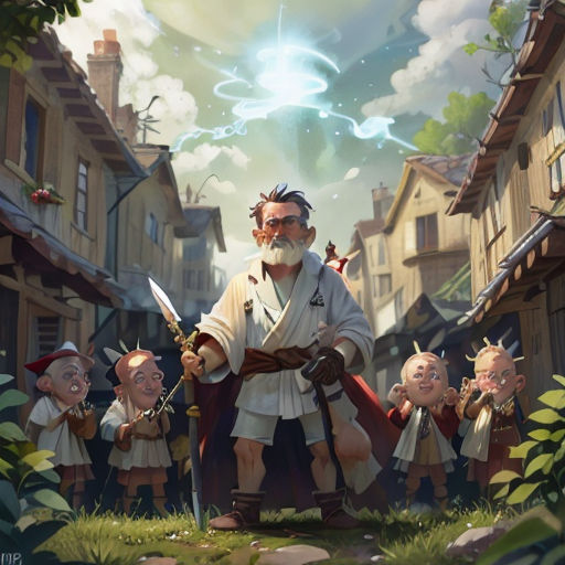 a man with a sword standing in front of a group of small children in a village with houses and a sky background