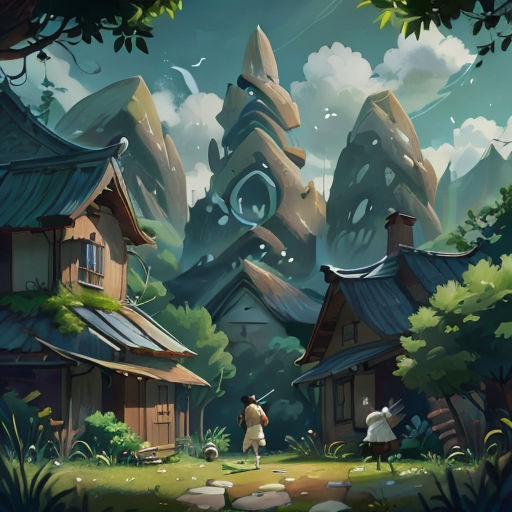 a painting of a village with mountains in the background and people walking around it in the foreground, and a man in a white shirt and