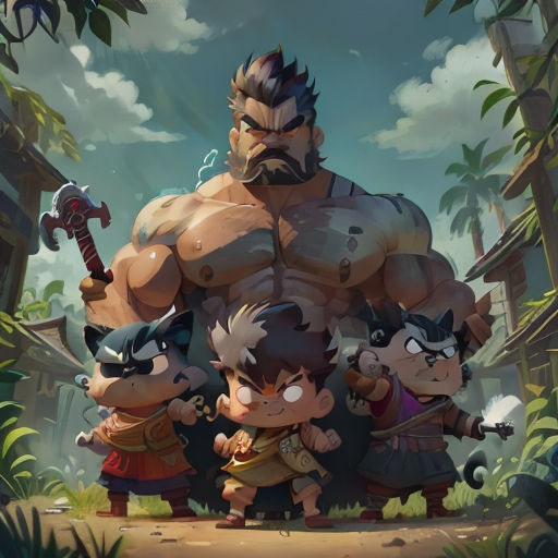 a group of cartoon characters standing in front of a forest with a giant man in the background and a dog in the foreground