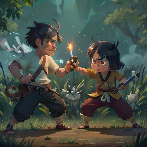 a boy and girl holding a sword in a jungle with a forest background and a forest scene in the background