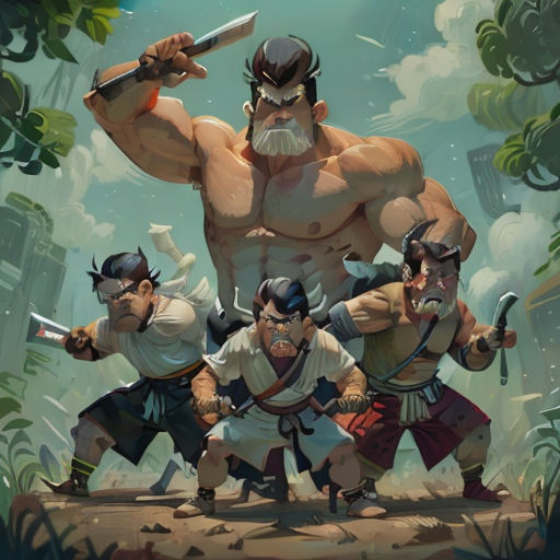 a group of cartoon characters in a jungle setting with a giant man holding a sword and two men holding swords