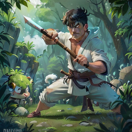 a man holding a sword in a jungle with a dog nearby in the foreground of the painting, a man in a white shirt and a green hat