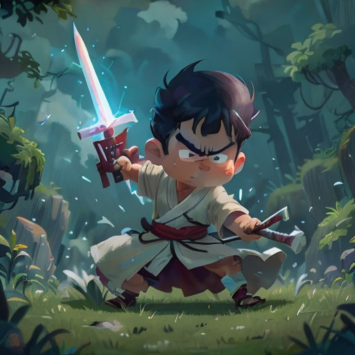 a boy in a forest holding a sword and a sword in his hand with a sword in his hand