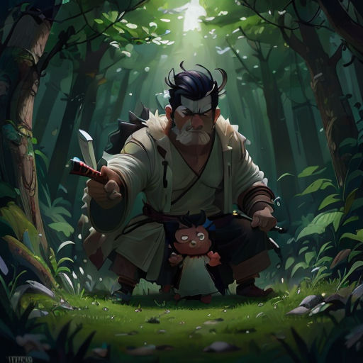 a man kneeling down in the middle of a forest holding a knife and a small child in his lap