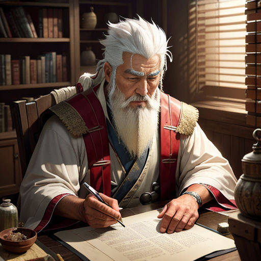 a man in a red and white outfit writing on a paper with a pen and a book in front of him