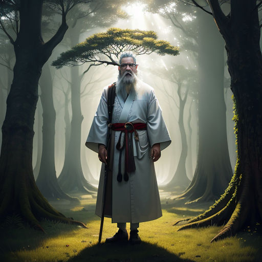 a man with a long white beard and a white robe stands in a forest with trees and grass, with a red ribbon around his neck