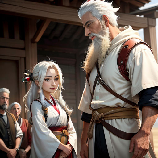 a man and woman standing next to each other in front of a building with a group of people behind them