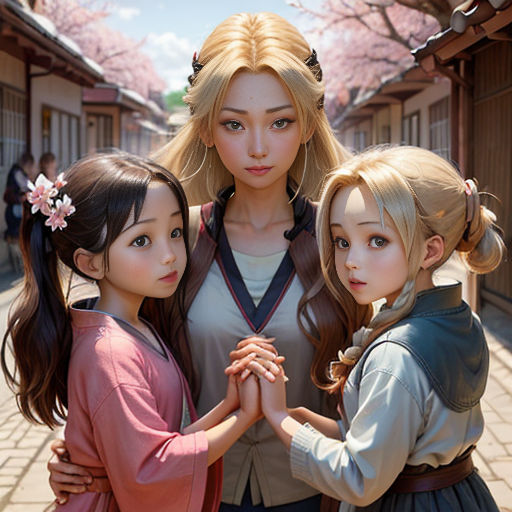 three girls standing next to each other in a courtyard with cherry trees in the background and a woman holding the hands of another girl