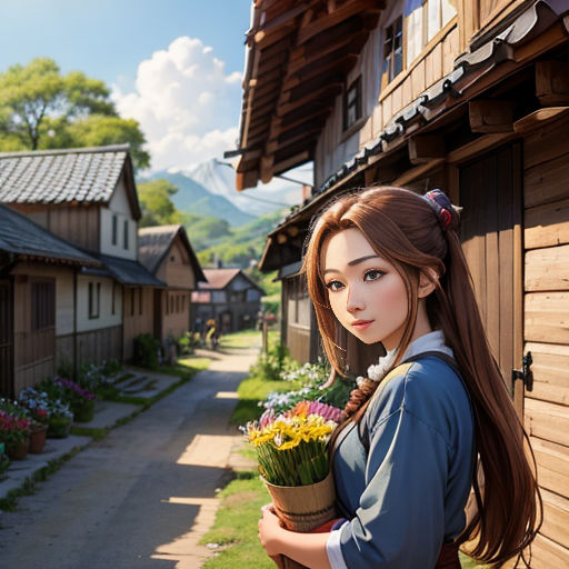 a woman holding a potted plant in front of a house with a mountain in the background and a path leading to a building