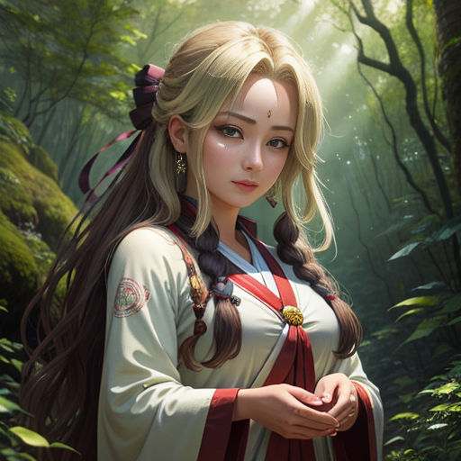 a woman in a forest with long hair and a red cape on her head, standing in front of a forest