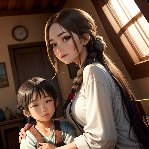 a woman and a child are standing in a room with a clock on the wall behind them and a window