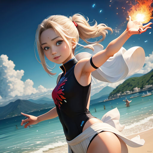 a woman in a swimsuit on a beach with a fireball in her hand and a man in the background