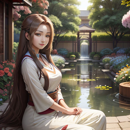 a woman sitting on a ledge in front of a pond with flowers and a fountain in the background,