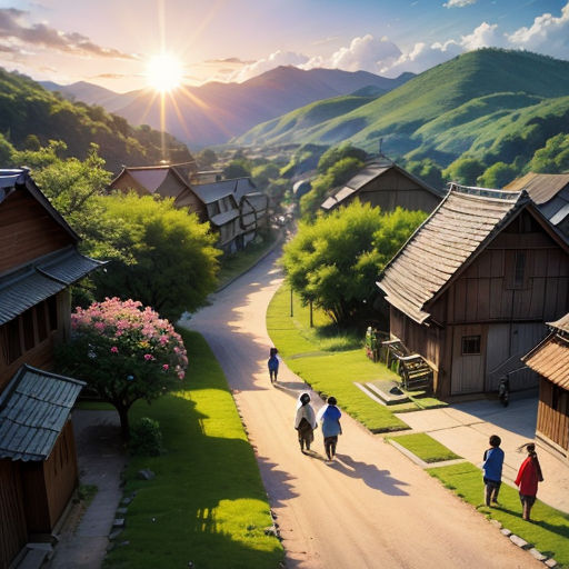 a group of people walking down a road next to a lush green hillside covered in trees and mountains in the background