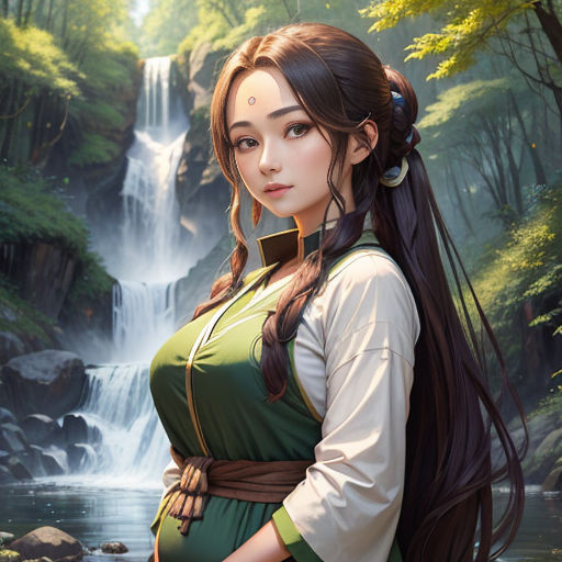 a woman in a green dress standing in front of a waterfall with a waterfall behind her and a waterfall in the background