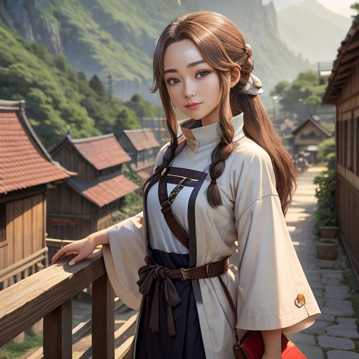 a woman in a kimono standing on a balcony next to a mountain village with a red purse on her shoulder