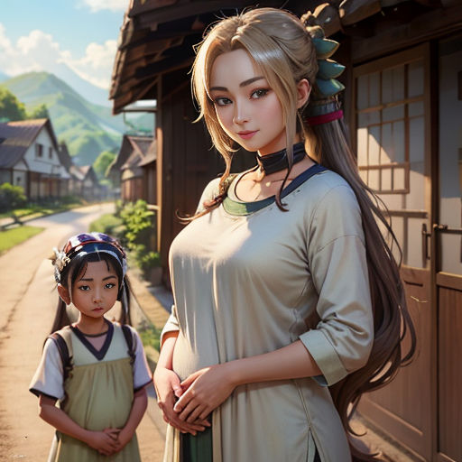 a woman and a little girl standing in front of a house with a mountain in the background and a road