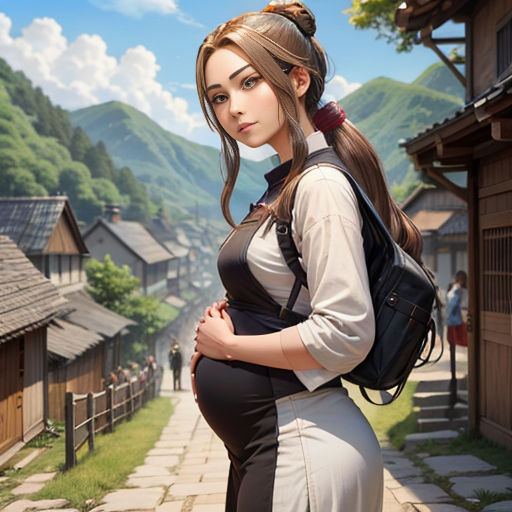 a woman with a backpack standing in front of a village with mountains and houses in the background, with a woman with a backpack on her back