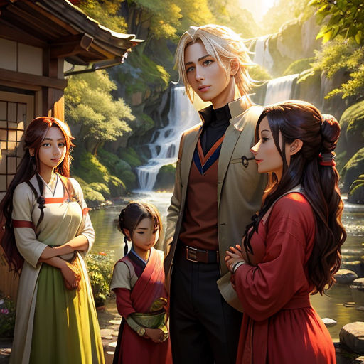 a group of people standing next to each other near a waterfall and a forest with a waterfall in the background