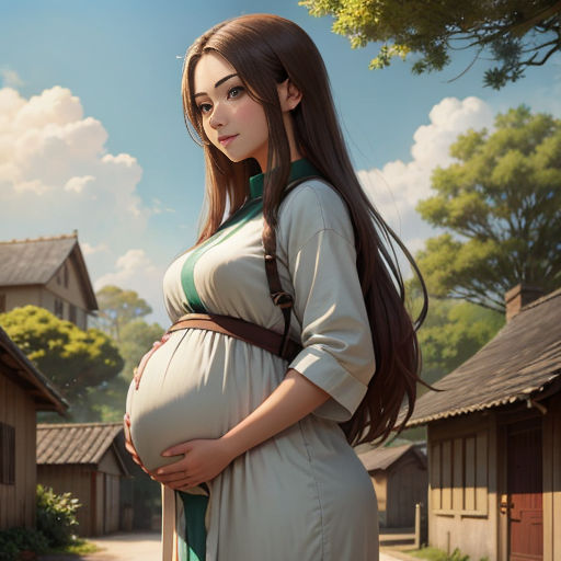 a pregnant woman standing in a village with a house in the background and a tree in the foreground