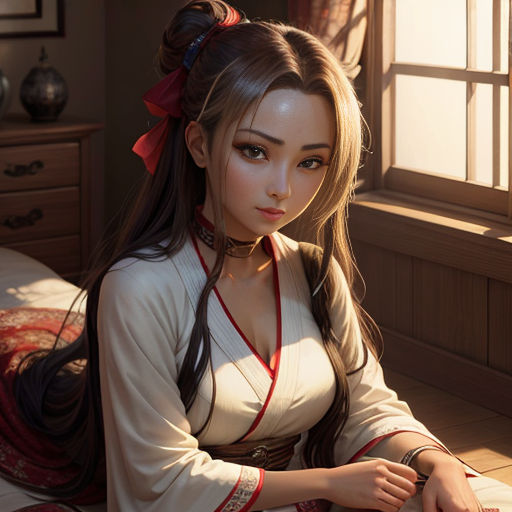 a woman in a white dress sitting on a bed next to a window with a red ribbon around her neck