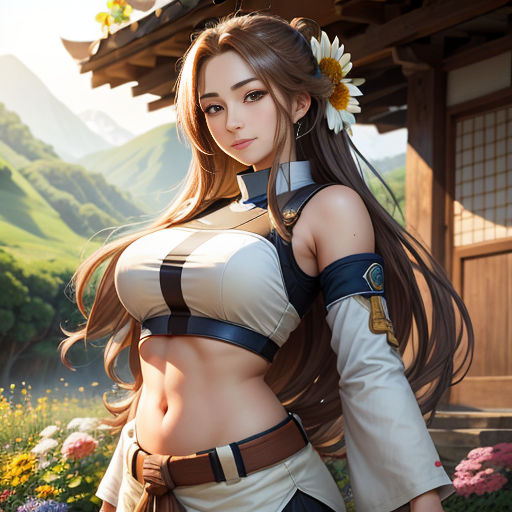 a woman in a cosplay outfit standing in front of a building with flowers in her hair and a flower in her hair