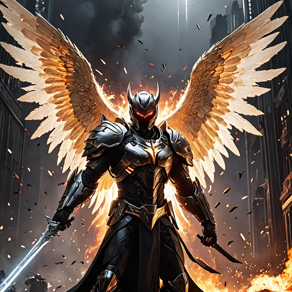 a man with wings and a sword standing in front of a fire filled cityscape with a huge demon, Anne Stokes, fantasy art, concept art, epic fantasy character art
