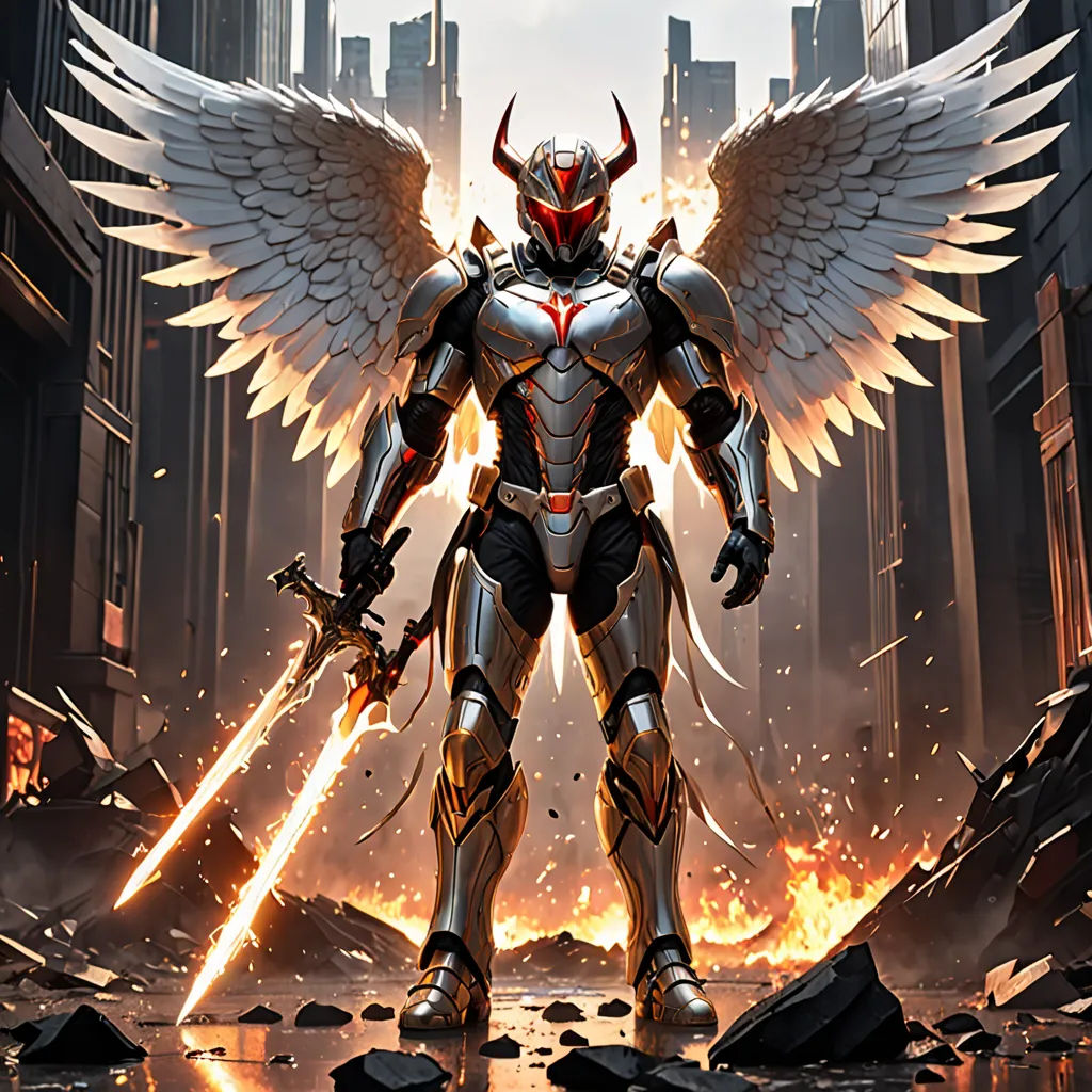 a robot with wings standing in a city street with a sword in his hand and a fire in the background, Anne Stokes, fantasy art, concept art, rossdraws global illumination