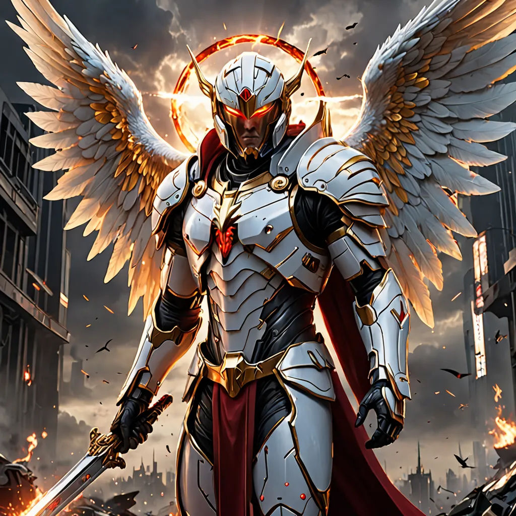a man dressed in armor with wings and a sword in his hand, standing in a city street with a fireball in the background, Anne Stokes, fantasy art, concept art, epic fantasy character art