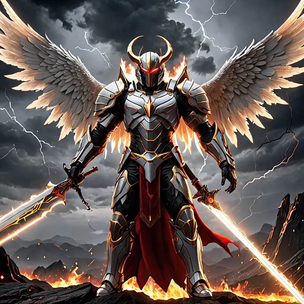 a man with wings and a sword standing in front of a storm with lightning behind him and a demon on his back, Anne Stokes, fantasy art, a digital rendering, epic fantasy character art