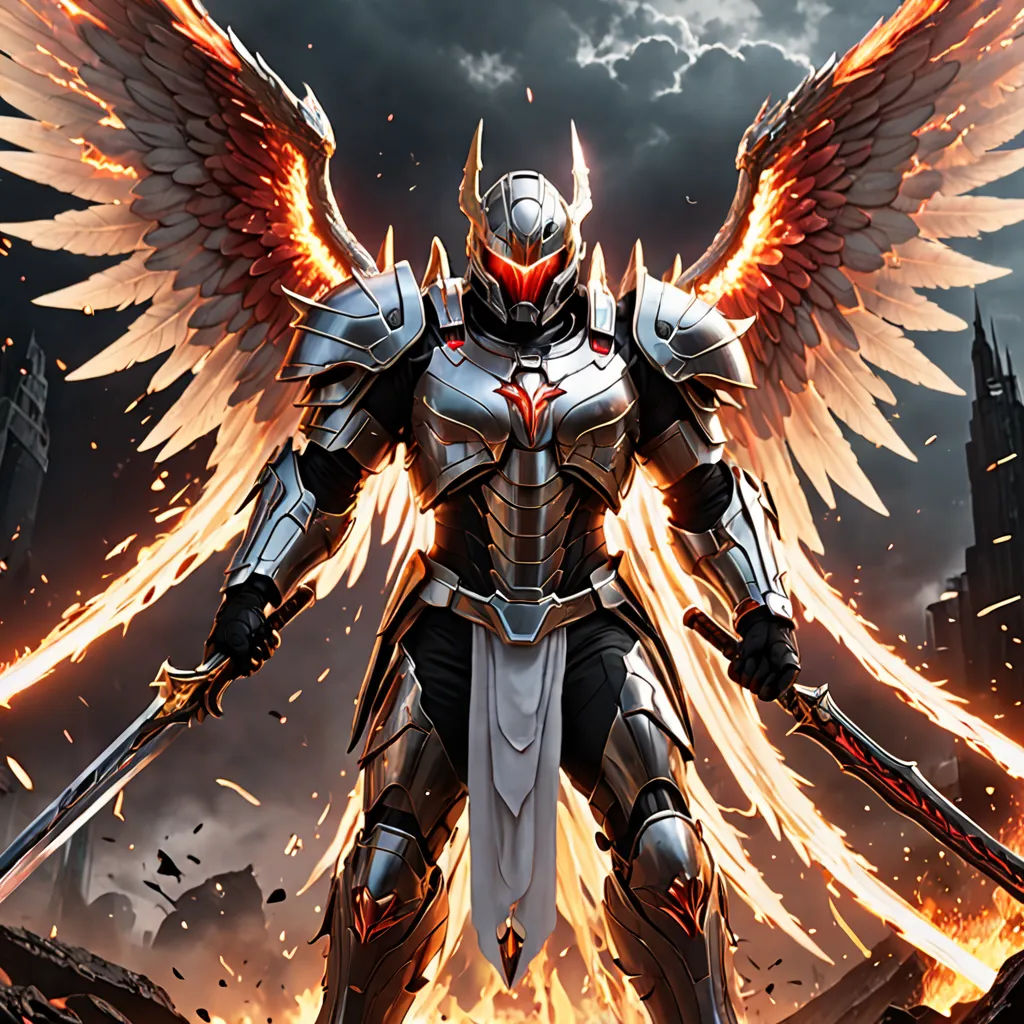 a man with wings and armor standing in front of a city with flames and fireballs on his body, Anne Stokes, fantasy art, concept art, epic fantasy character art