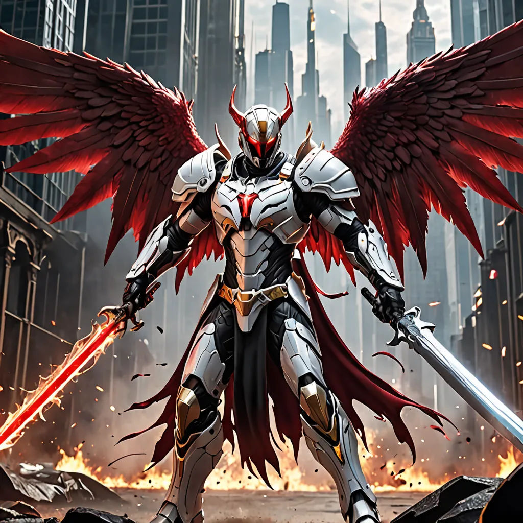 a man with wings holding a sword in a city setting with a huge red bird on his shoulder and a sword in his hand, Anne Stokes, fantasy art, concept art, magic the gathering artwork