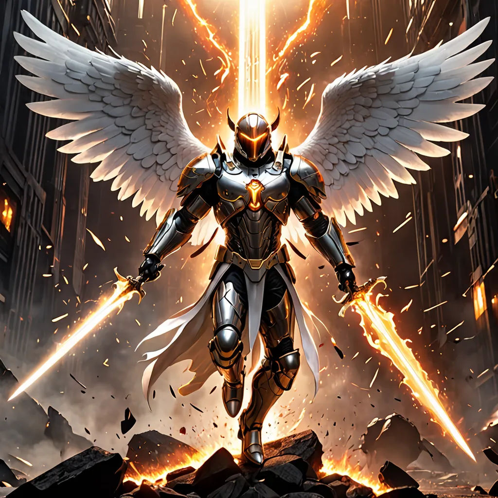 a man with wings and armor standing in a city with a sword in his hand and a lightening bolt in his hand, Anne Stokes, fantasy art, concept art, magic the gathering artwork