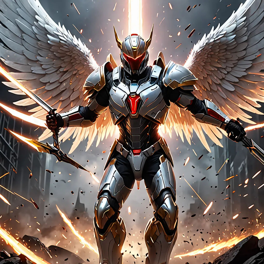 a robot with wings and a sword in his hands standing in a city with buildings and fire in the background, Clint Cearley, fantasy art, concept art, rossdraws global illumination