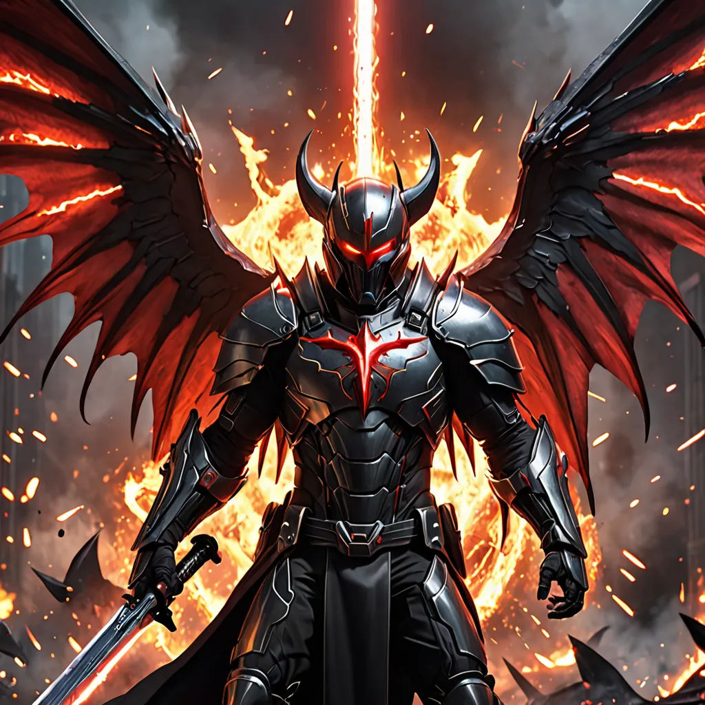 a demonic knight with a sword in his hand and flames in the background, with a demon like head and wings, Anne Stokes, fantasy art, concept art, epic fantasy character art