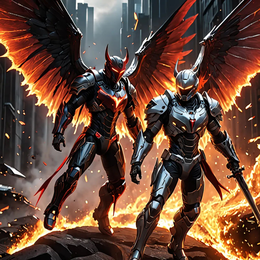 two men in armor standing next to each other in front of a fire filled city with huge wings on their shoulders, Anne Stokes, fantasy art, concept art, unreal engine highly rendered