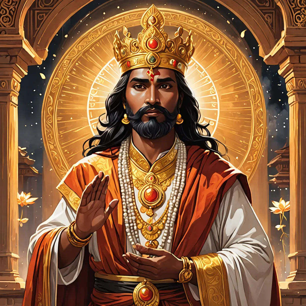 a man with a beard wearing a crown and holding a cross in his hands and a golden halo around his neck, samikshavad, a character portrait, Bholekar Srihari, jayison devadas