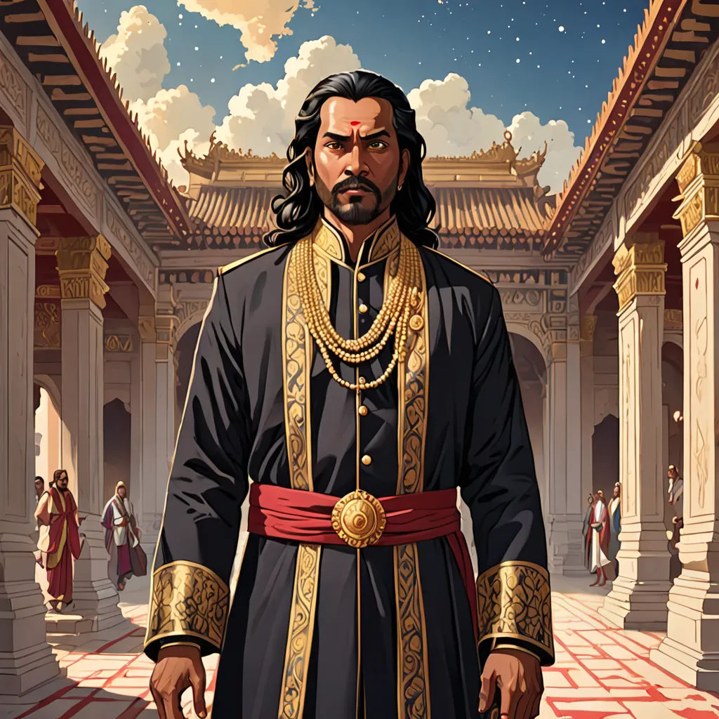 a man in a black and gold outfit standing in a courtyard with a sky background and clouds in the sky, samikshavad, a character portrait, Bholekar Srihari, jayison devadas