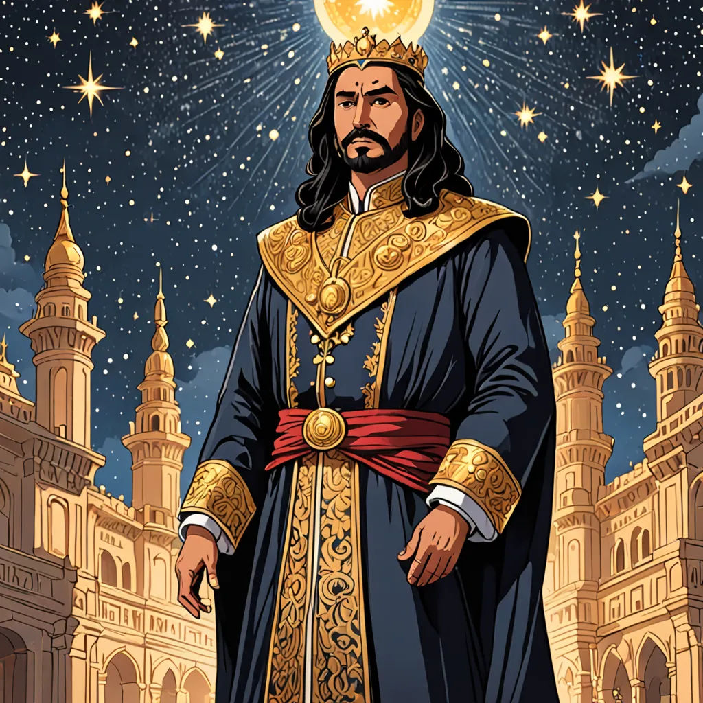 a man in a crown and robe standing in front of a castle with stars in the sky above him, qajar art, a character portrait, Altoon Sultan, official art